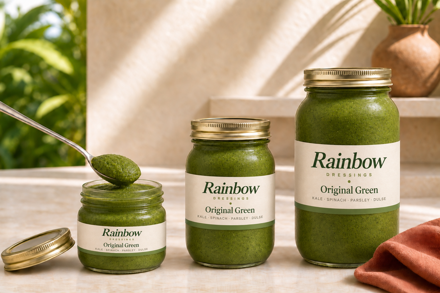 A heaped spoon of Original Green above three glass jars of thick green dressing in a sunlit kitchen