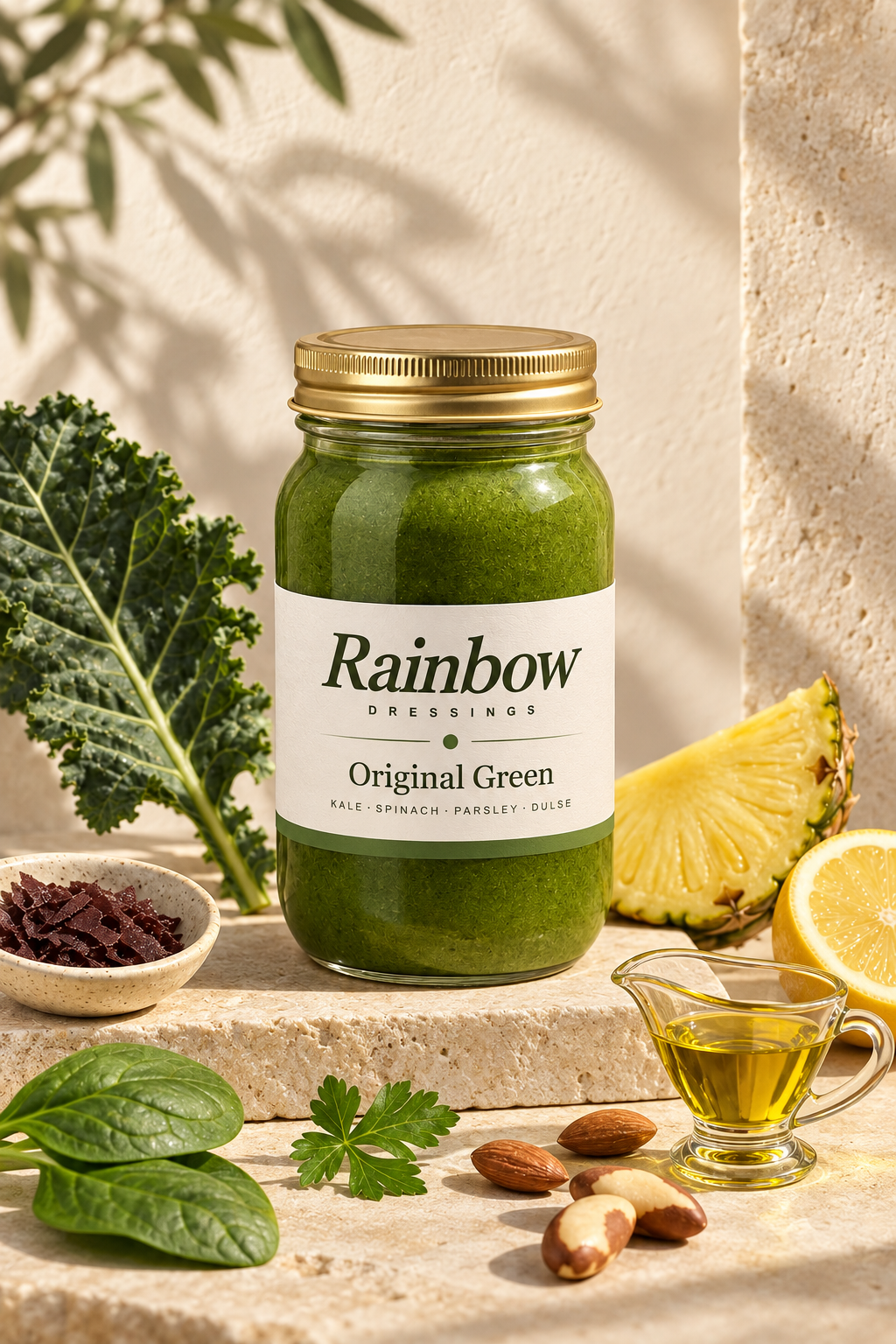 A glass jar of Original Green surrounded by kale, pineapple, lemon, almonds and olive oil